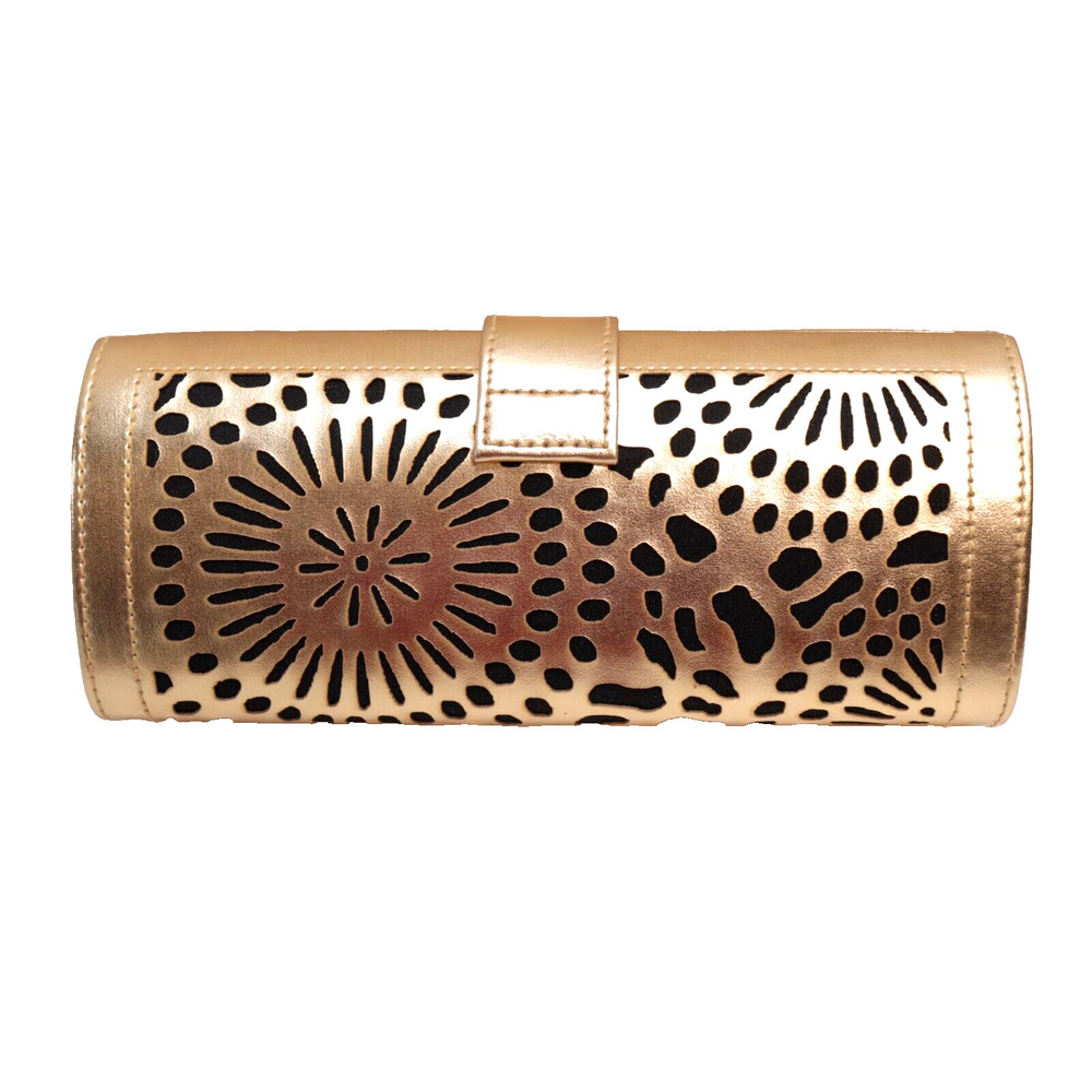 Estee Lauder Clutch Handbag Women S Gold Lazer Cut Faux Leather Pink Lining Bag